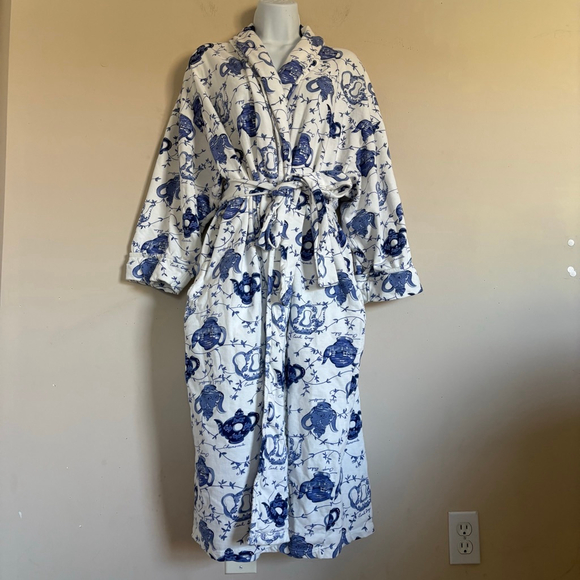 RARE Victoria's Secret Gold Label 80s Vintage White Blue Teapot Print Robe OS - Picture 2 of 16